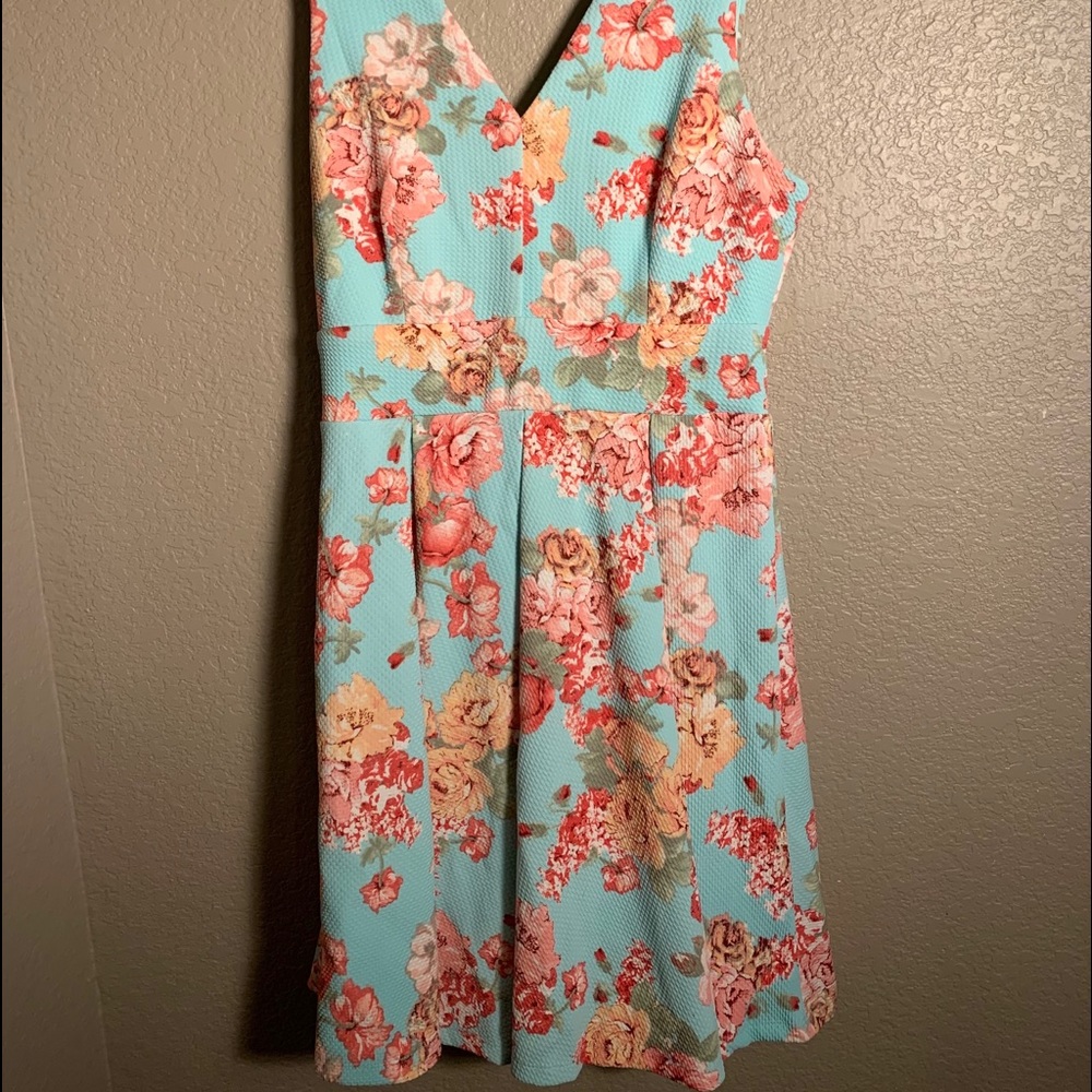 Teal Floral Dress with a Zipper Back